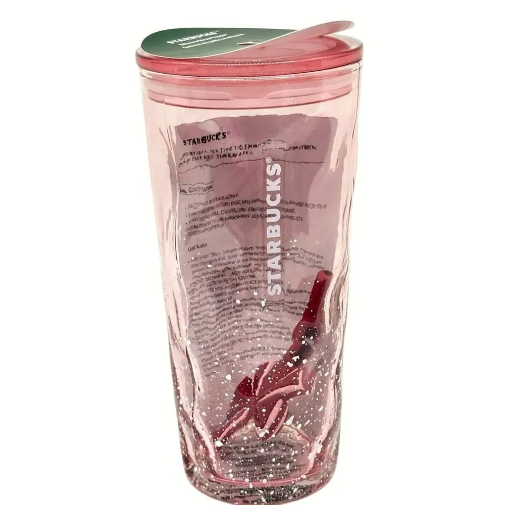 Starbucks 2025 Holiday Pink Speckled Snow Glass Tumbler Bow Straw Topper - NWT